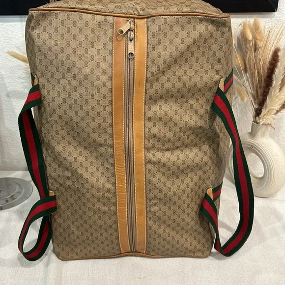 Gucci Duffle Bag GG Logo Canvas Brown Leather Trim Folding Travel Carry On - Picture 10 of 13